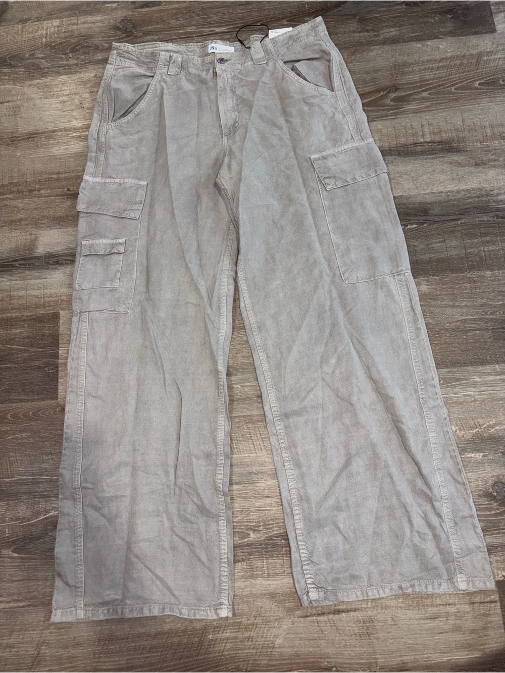 Zara Wide-Leg Cargo Jumpsuit Pants in Light Taupe